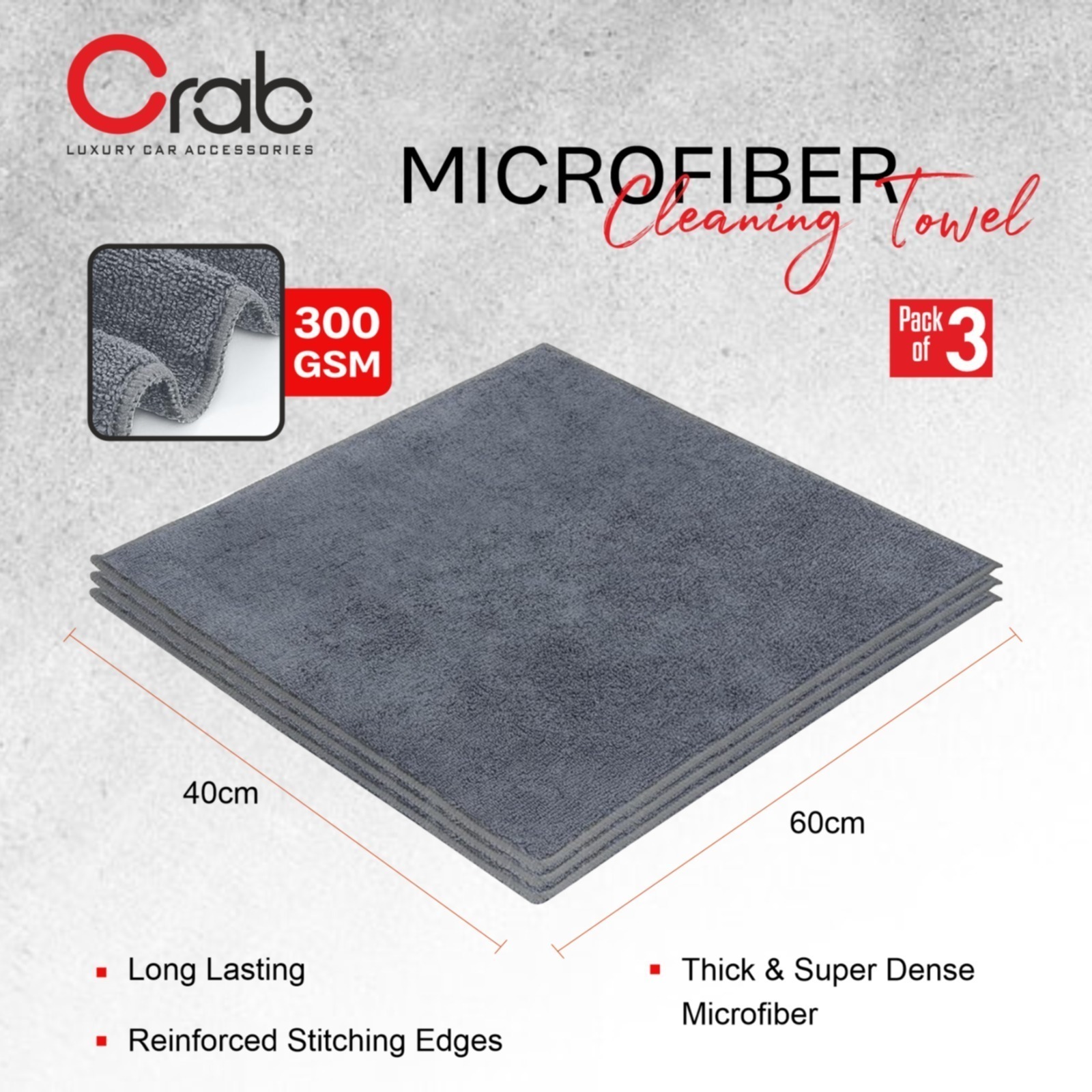 Crab Microfiber Towel Pack of 3 – 40x60cm, 300 GSM for Scratch-Free Car Cleaning & Drying – Perfect for Wet & Dry Use! - Image 2