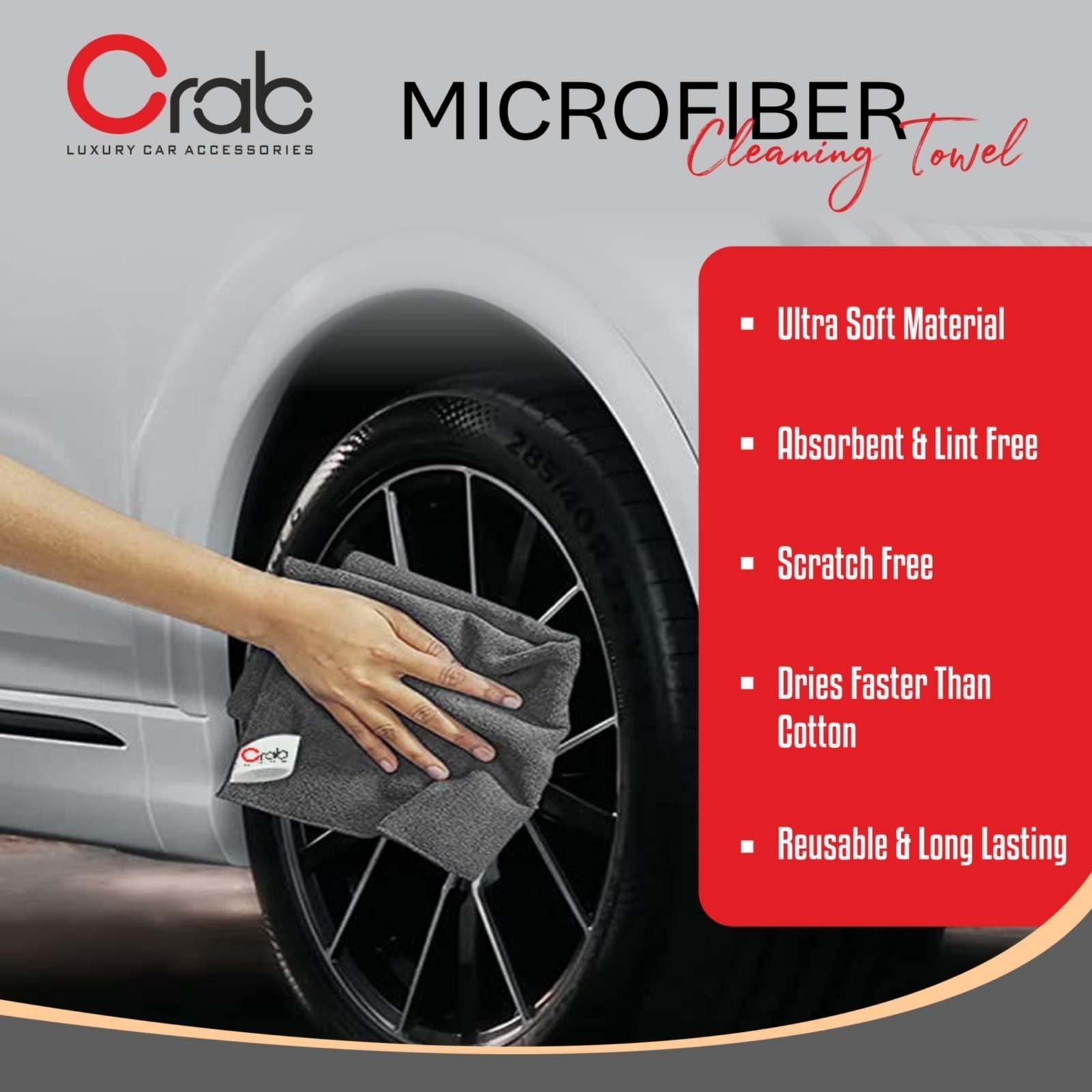 Crab Microfiber Towel Pack of 3 – 40x60cm, 300 GSM for Scratch-Free Car Cleaning & Drying – Perfect for Wet & Dry Use! - Image 3