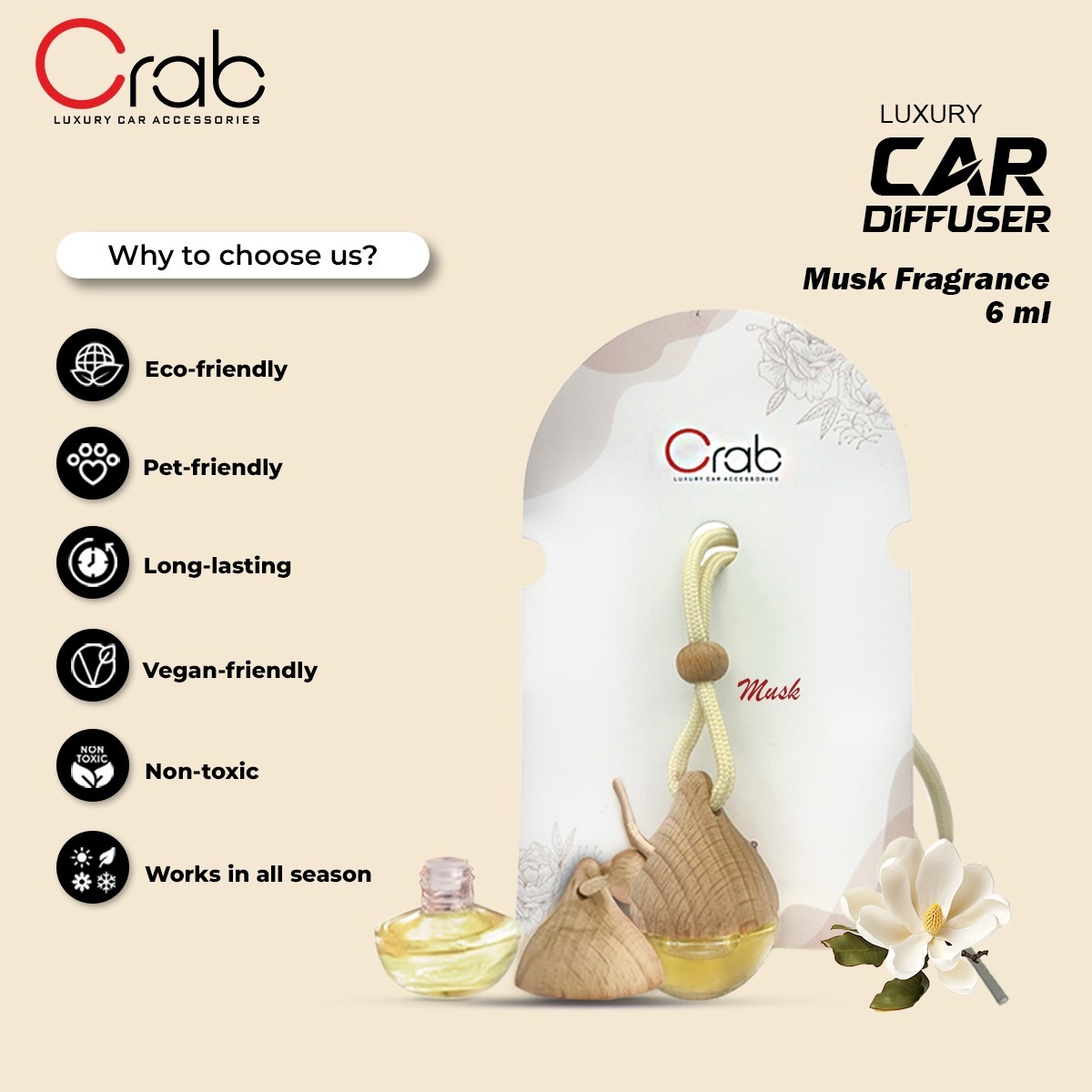 Crab Premium Car Perfume Hanging Pod |6 ML |Musk Fragrance Car Freshener |Natural Essential Fragrance Oils in Glass Bottle with Wooden Diffuser Lid |Last Upto 30 Days - Image 2