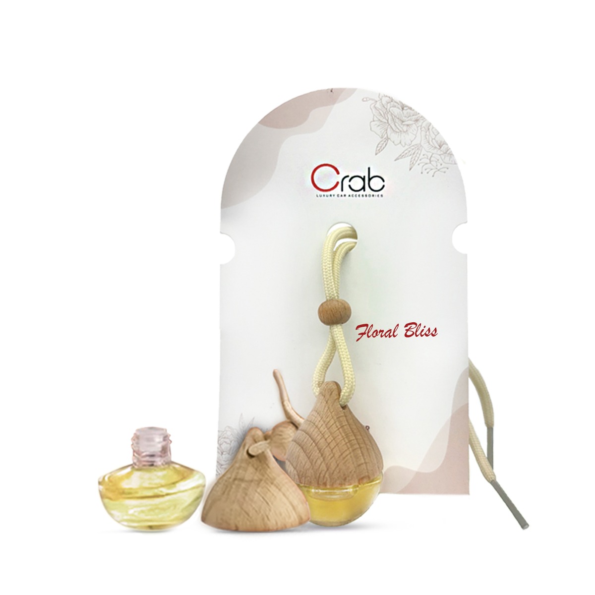 Crab Premium Car Perfume Hanging Pod |6 ML |Floral Bliss Fragrance Car Air Freshener |Natural Essential Fragrance Oils in Glass Bottle with Wooden Diffuser Lid |Last Upto 30 Days