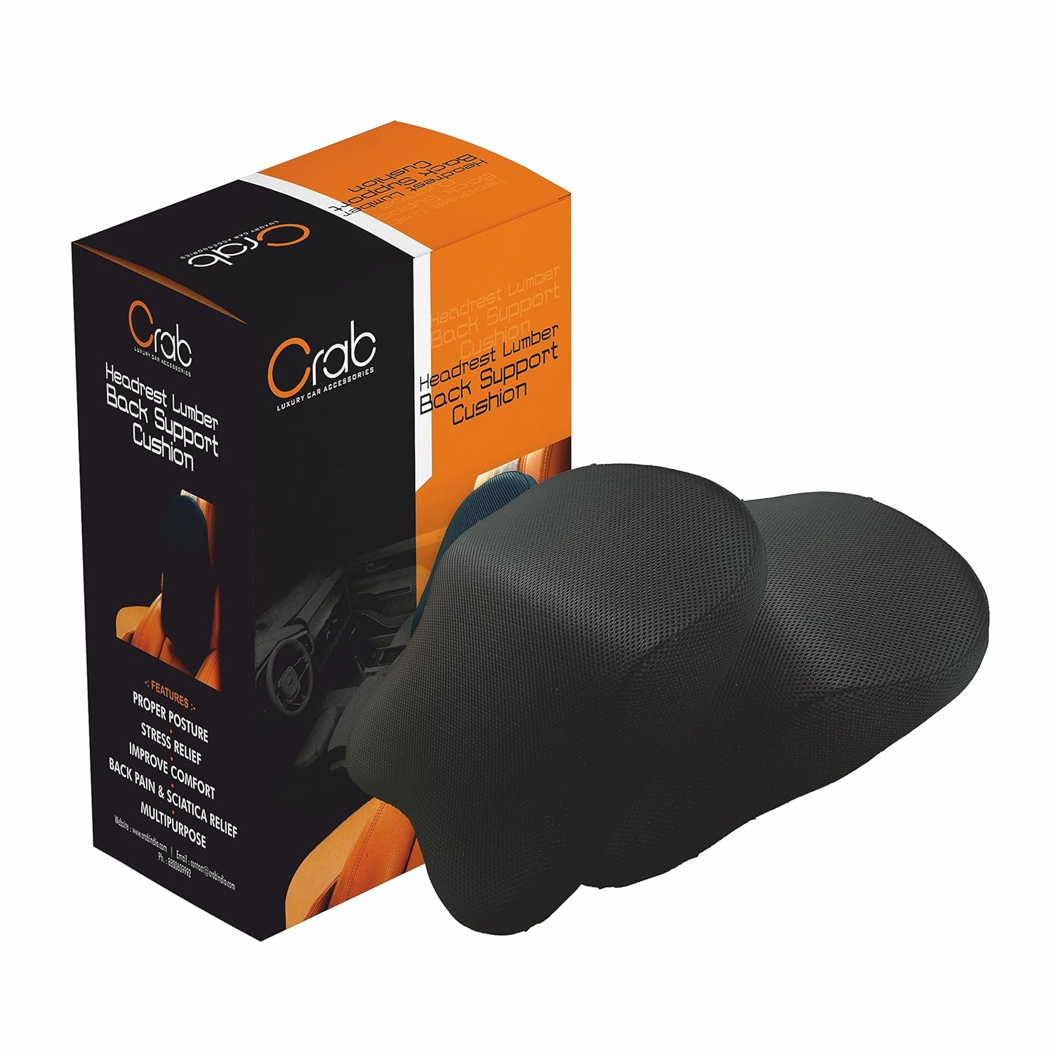 Crab Memory Foam Headrest & Lumbar Back Support Cushion Pack of 2 | Ergonomic Neck, Shoulder & Spine Pillow | Relieves Back Pain & Sciatica | Adjustable, Breathable & Multipurpose for Car & Office