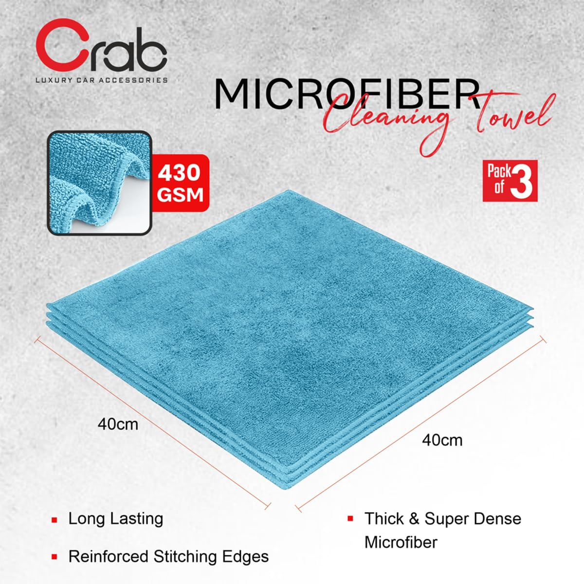 Crab Microfiber Towel 40x40cm, 430 GSM, Ultra-Soft, High Absorbency Cleaning Cloth (Pack of 3) - Image 2