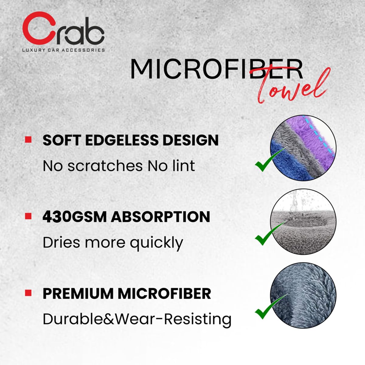 Crab Microfiber Towel 40x40cm, 430 GSM, Ultra-Soft, High Absorbency Cleaning Cloth (Pack of 3) - Image 3