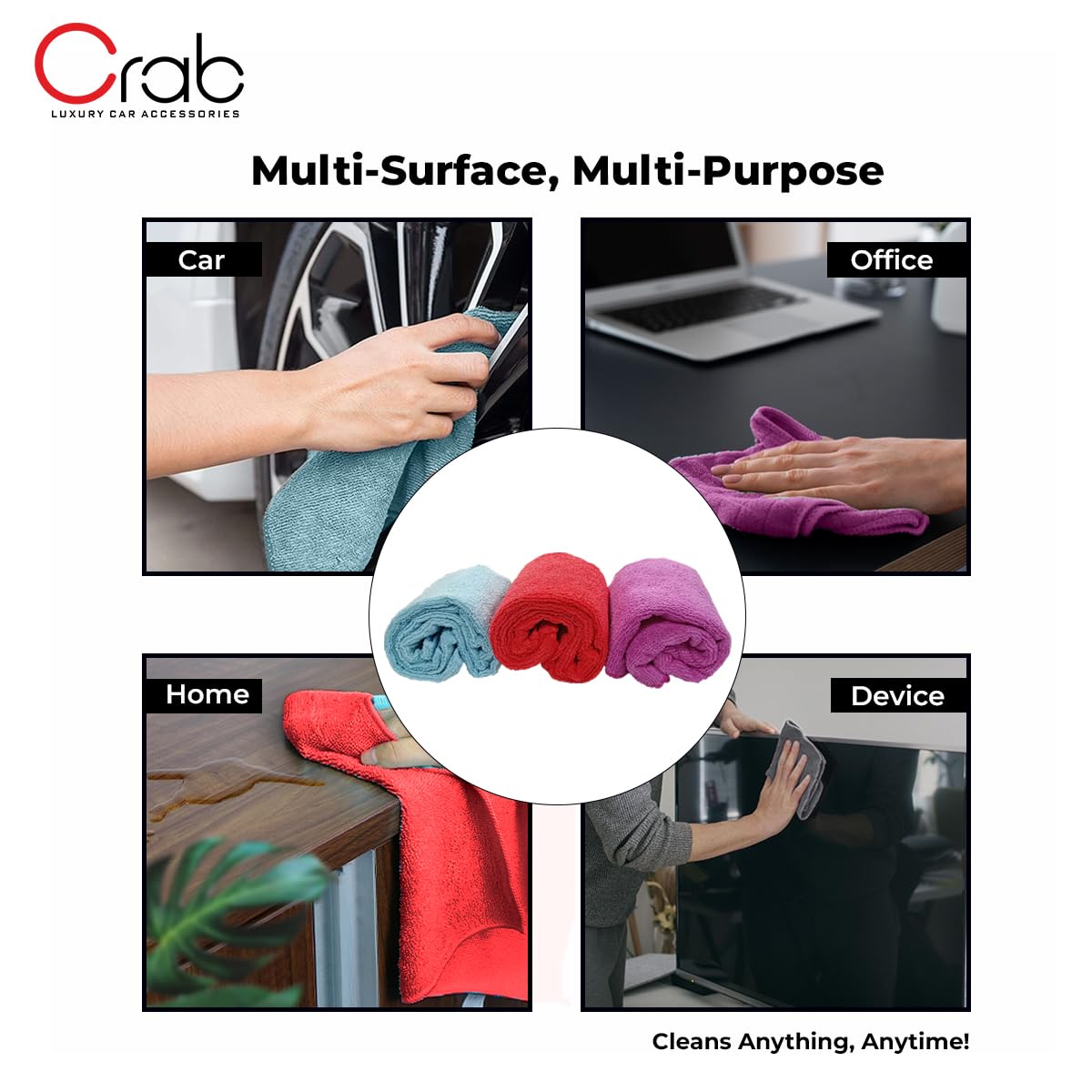 Crab Microfiber Towel 40x40cm, 430 GSM, Ultra-Soft, High Absorbency Cleaning Cloth (Pack of 3) - Image 5